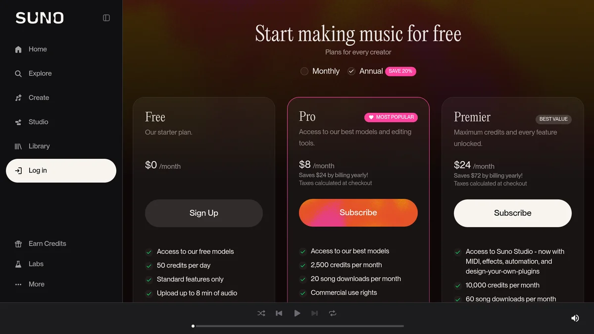 Page des tarifs Suno avec le plan Free à 50 crédits par jour