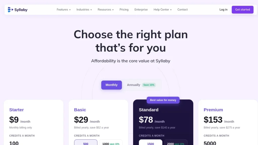 Prices page of Syllaby