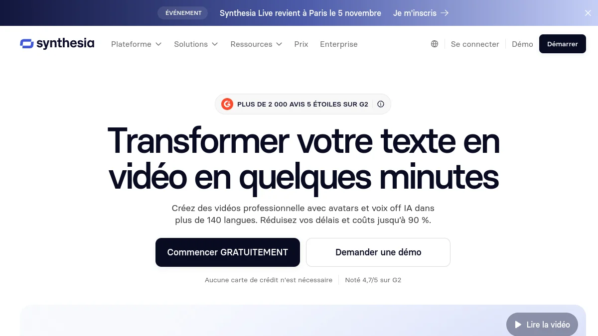 Page d'accueil française de Synthesia avec le bouton Commencer gratuitement et la mention aucune carte de crédit nécessaire