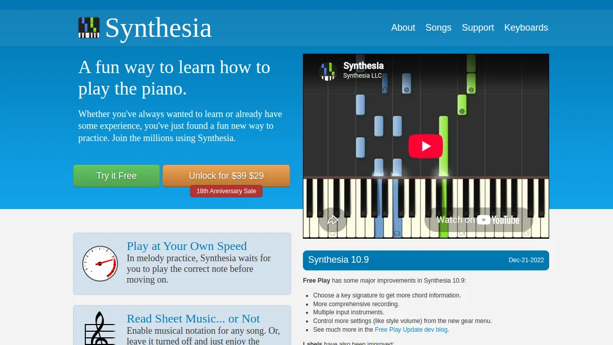 Site du logiciel de piano Synthesia, sans lien avec le générateur de vidéos IA
