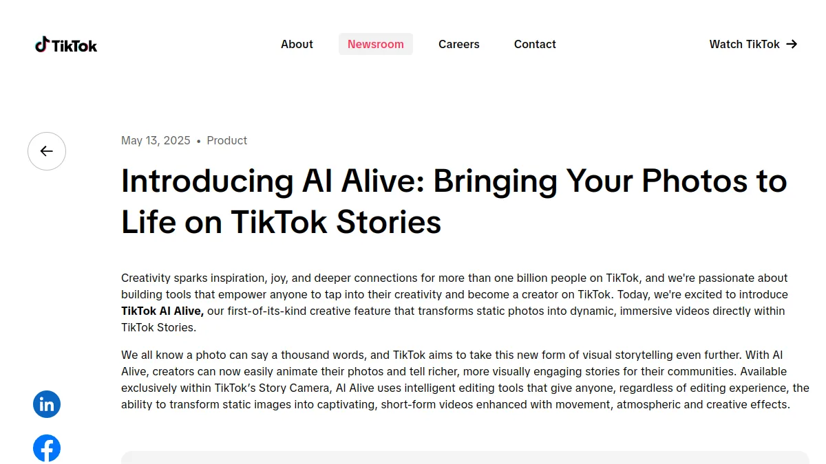 Annonce officielle d'AI Alive sur le newsroom de TikTok