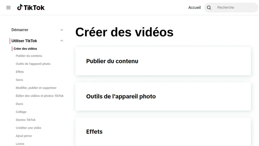 Centre d'aide TikTok, rubrique créer des vidéos