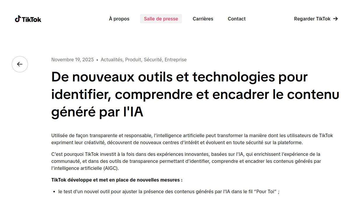Page du newsroom TikTok sur l'étiquetage des contenus générés par IA