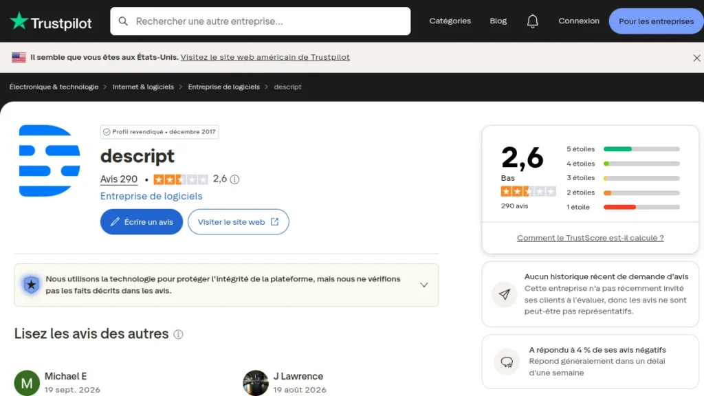Trustpilot page of review on Descript