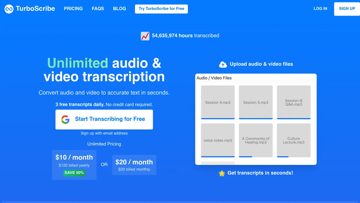 Page d'accueil de TurboScribe avec l'offre de 3 transcriptions gratuites par jour
