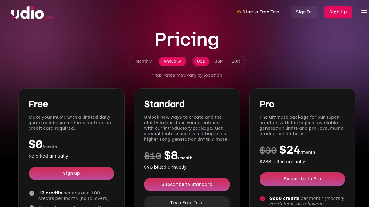 Udio tariff page