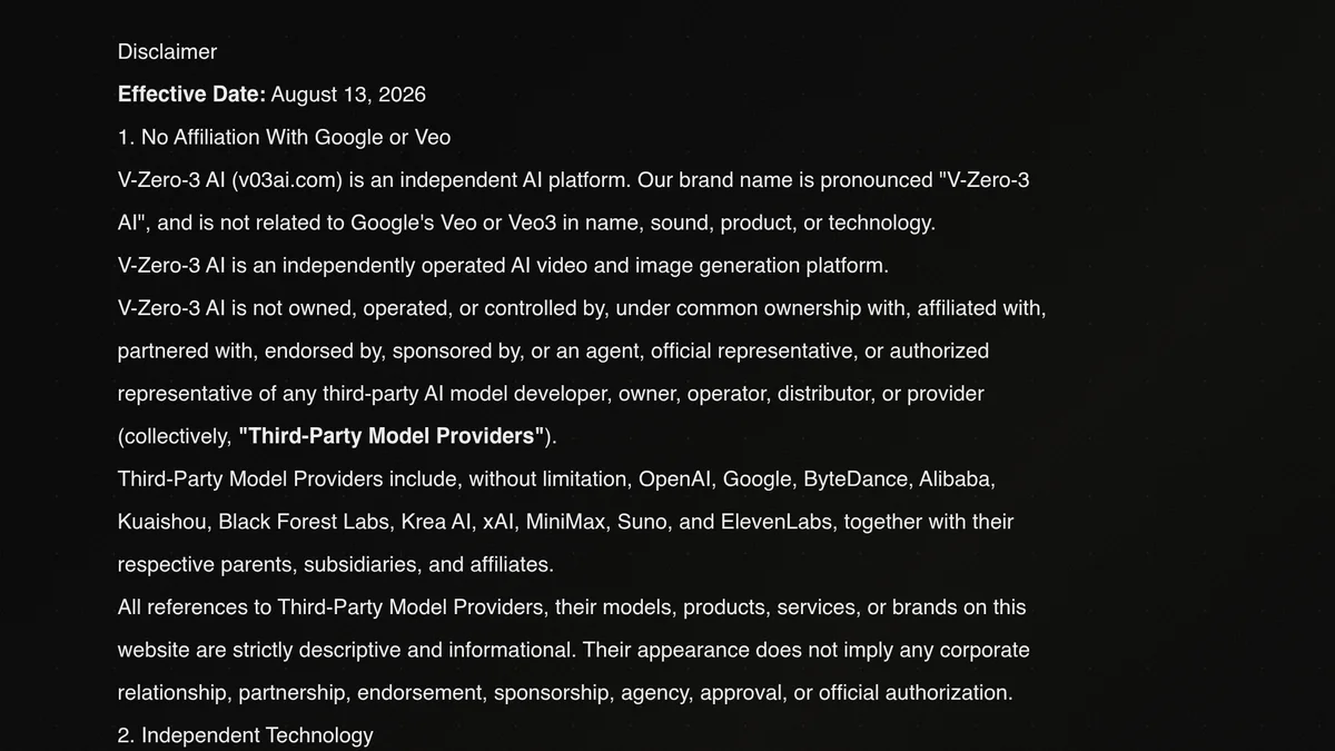 Legal mention of V-Zero-3 AI specifying its independence from ByteDance, Google and OpenAI