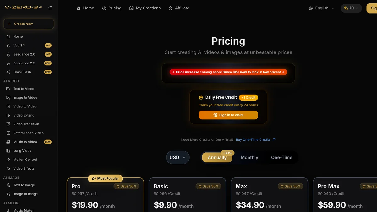 V-Zero-3 AI, an independent platform that sells access to Seedance in credits.
