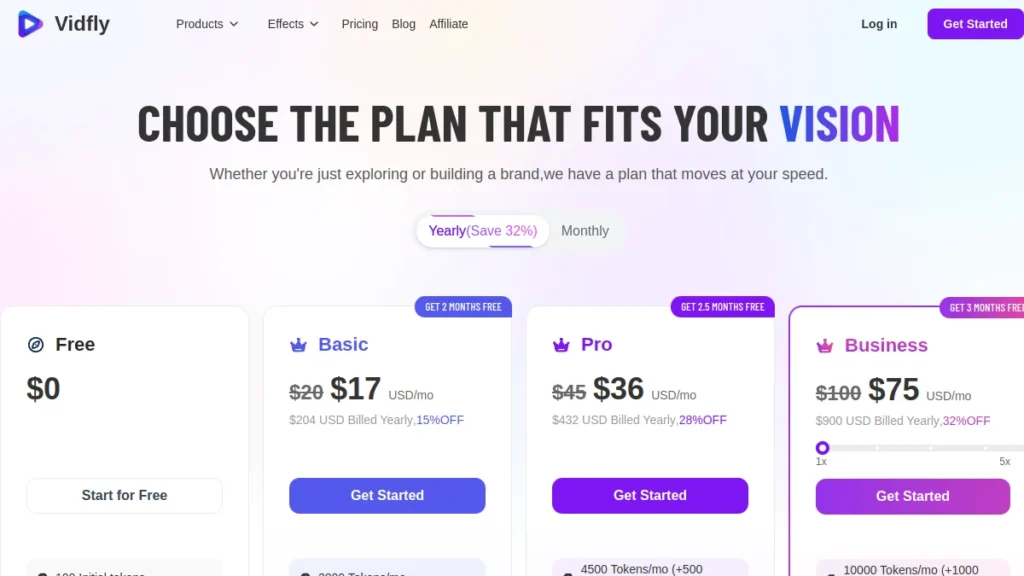 Page tarifs de Vidfly AI avec le plan gratuit