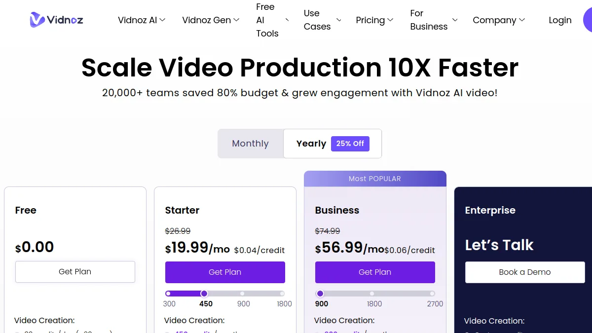 Page tarifs de Vidnoz avec le plan gratuit