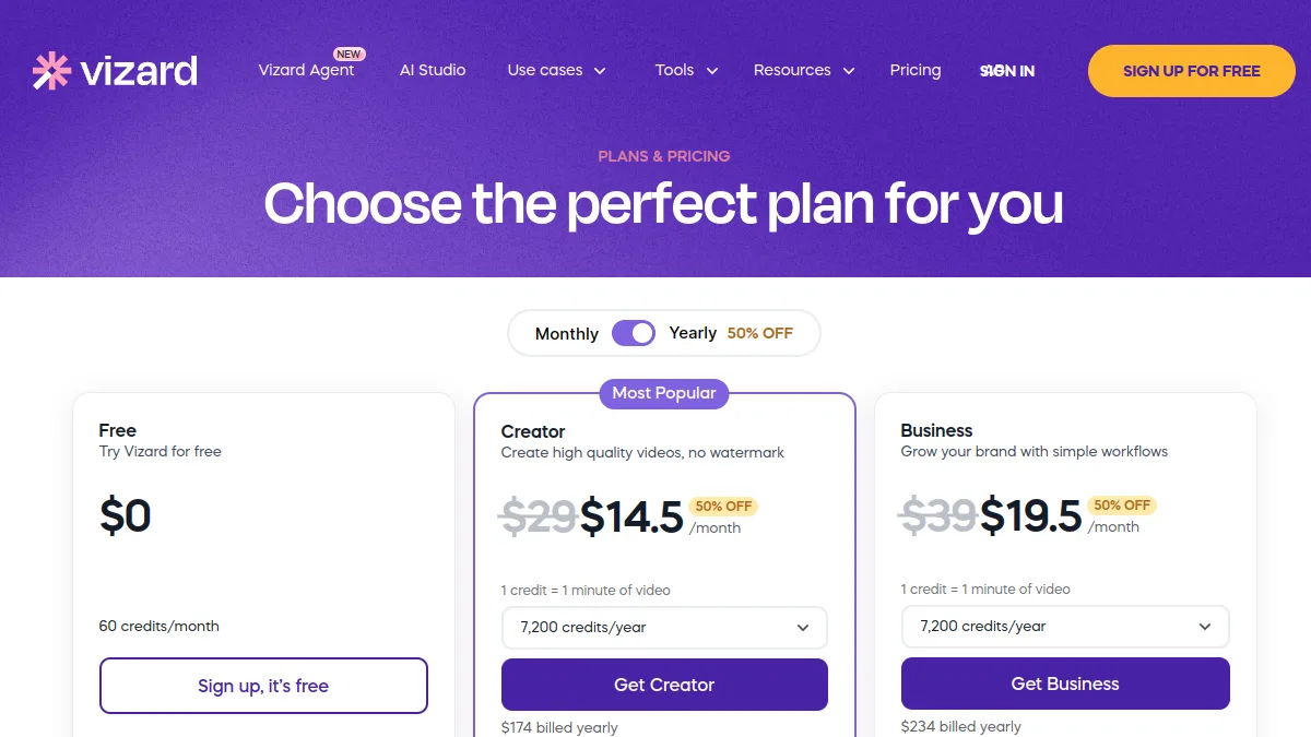 Page tarifs de Vizard avec le plan gratuit à 60 crédits par mois