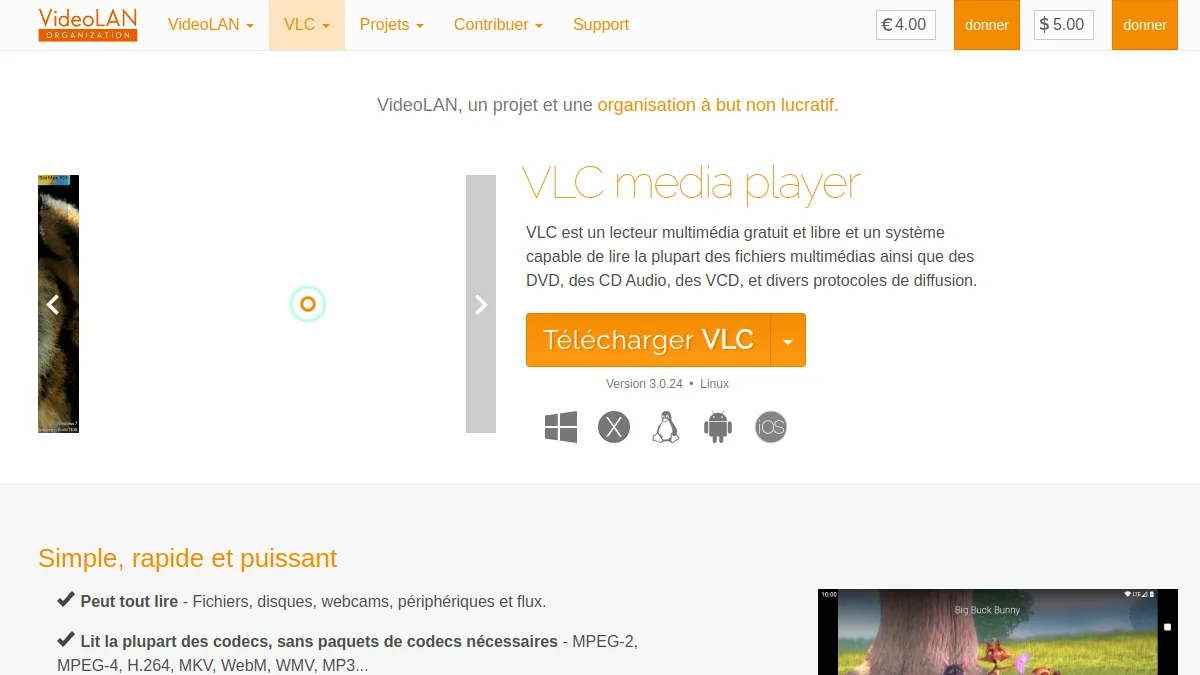 Page de téléchargement officielle du lecteur VLC