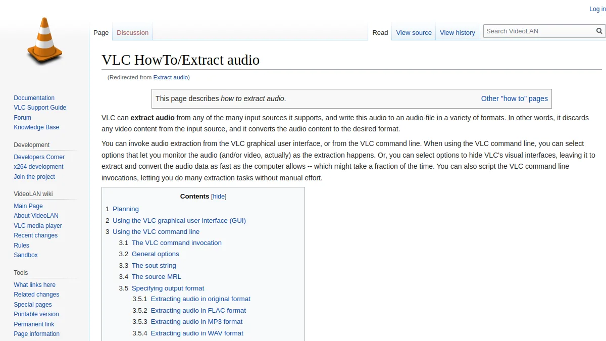 Page du wiki officiel de VideoLAN sur l'extraction audio avec VLC