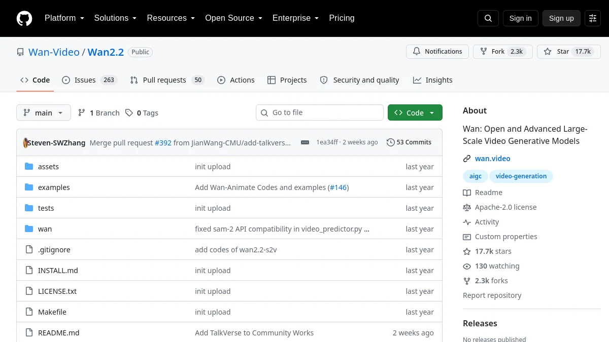 Dépôt GitHub Wan-Video Wan2.2 sous licence Apache 2.0