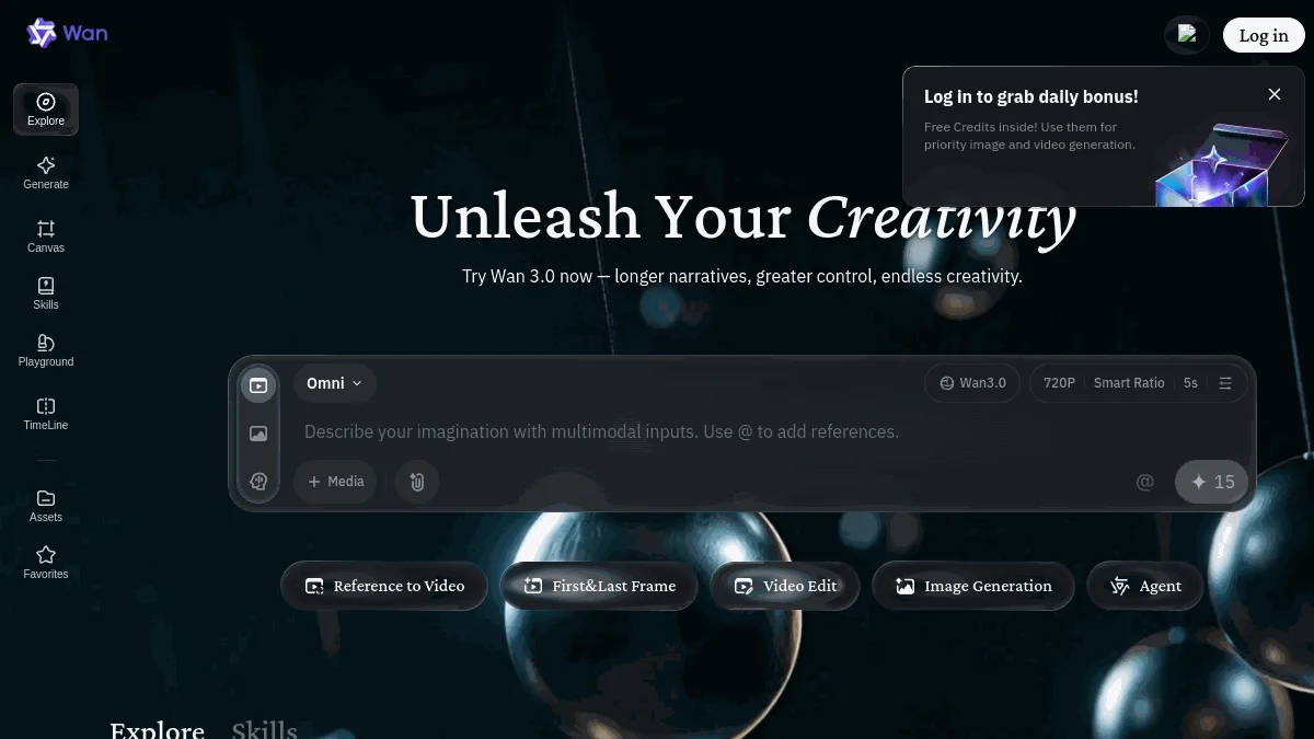 Interface de la plateforme officielle create.wan.video avec le modèle Wan 3.0 sélectionné et le bonus quotidien de crédits