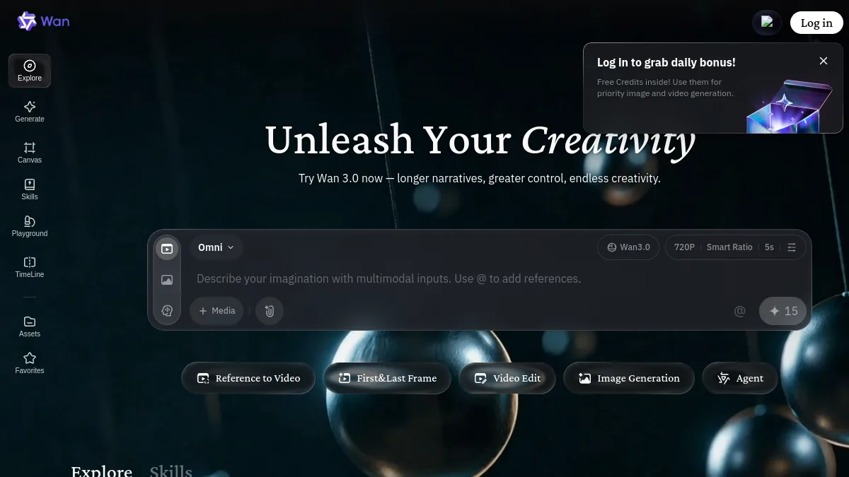 Interface de création en ligne de Wan avec le mode Omni et le modèle Wan 3.0