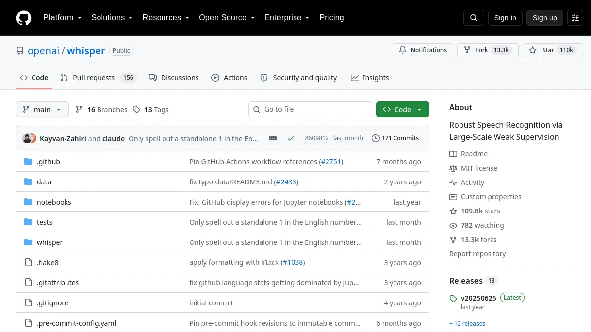 Dépôt GitHub officiel de Whisper, le modèle de reconnaissance vocale open source d'OpenAI
