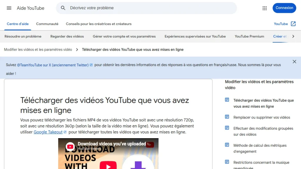 Help page YouTube to download its own videos
