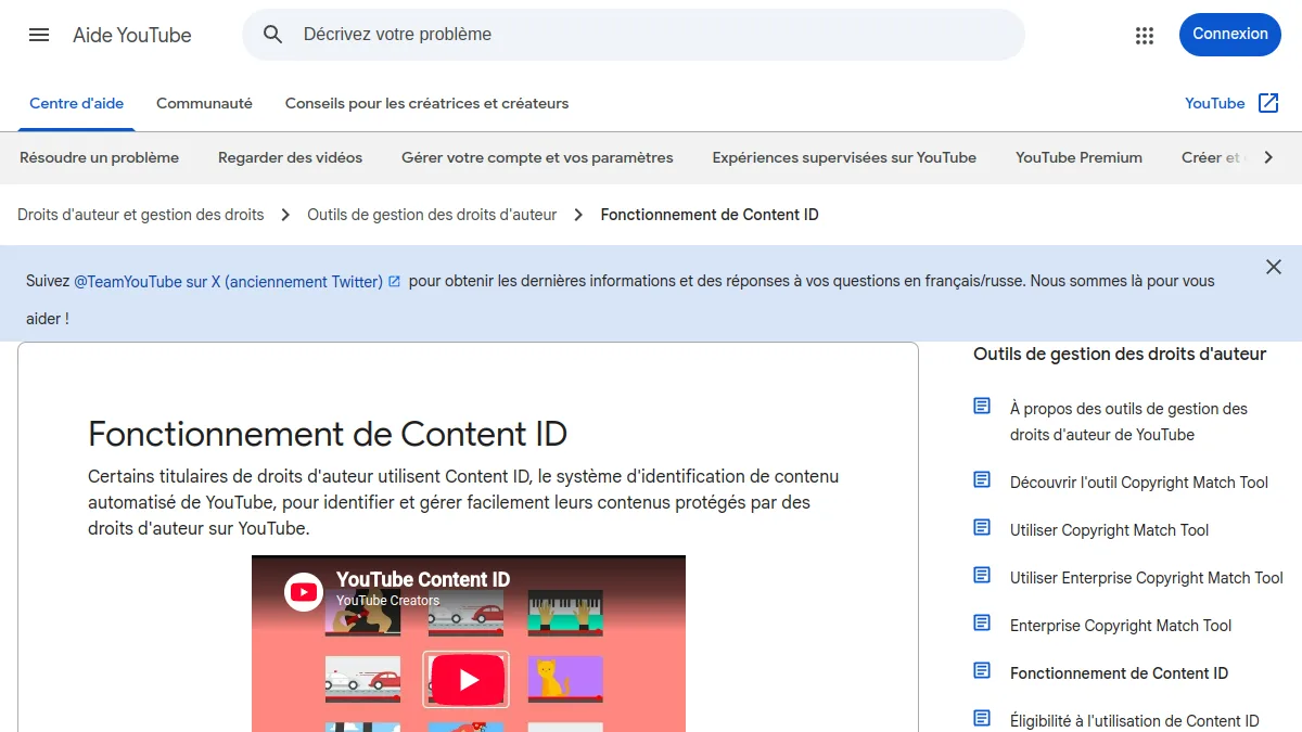 Page d'aide YouTube expliquant le fonctionnement de Content ID