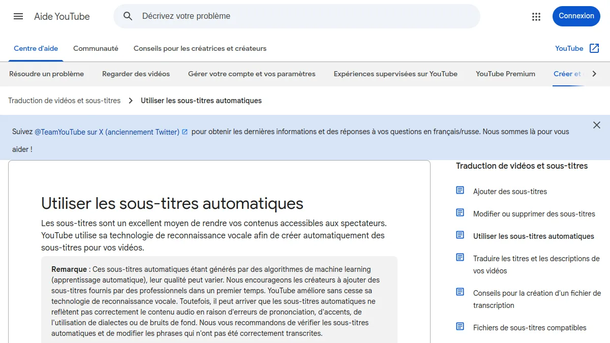 Page d'aide YouTube sur les sous-titres automatiques générés par reconnaissance vocale